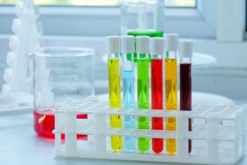 Chemical tube set development and pharmacy in laboratory  with multicolored substances in laboratory - Image