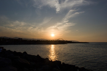 Sunset river horizon silhouette branch landscape. River sunset horizon