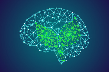 3d digital polygonal human brain with plant leafs, go green, vegetarian, change of mind of plants problem concept. abstract particles plexus structure, science stock vector illustration clip art