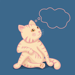 Cute cartoon cat in yoga pose meditation, a twisted pose with floating box for text on blue background.