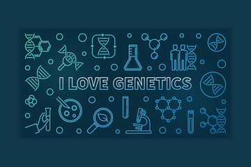 I Love Genetics vector colored outline horizontal illustration on dark background