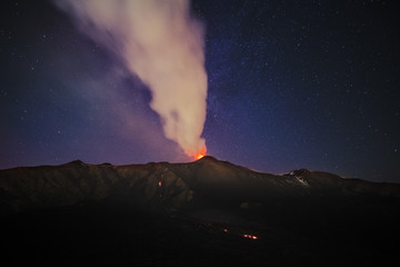 Smoke Volcano Etna Eruption At Night, Sicily © ollirg