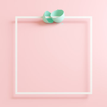 Eggshell with paper frame on pastel pink background. easter concept. 3d rendering
