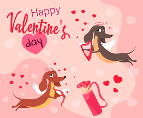 Vector greeting card Happy Valentine's Day with dogs in cupid suits with arrows. Illustration on a pink background with hearts.