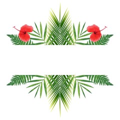Banner with ferns, palm leaves and hibiscus flowers. Vector illustration.