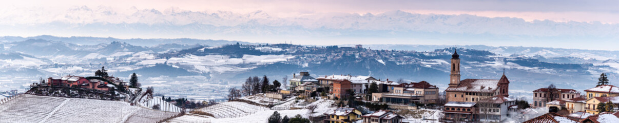 Obraz premium wide angle panorama of Langhe hills near Treiso in winter.