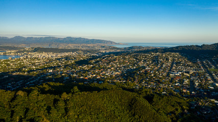Wide aerial view of Wellington Homes and landscape, New Zealand