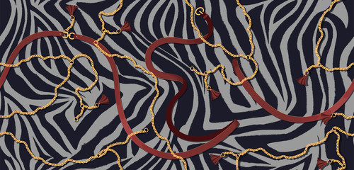Luxurious shining pattern with a striped zebra skin texture, belts and chains for fabric design or corporate identity. Seamless vector pattern.