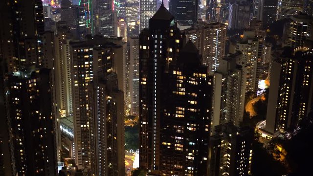 Hong Kong Skyline at Night. High Density City Towers.