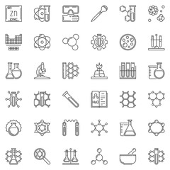 Science and Chemistry vector concept outline icons. Chemistry lab symbols in thin line style