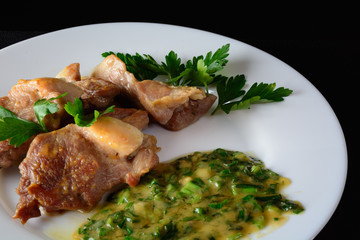 Meat on a white dish. Healthy food.