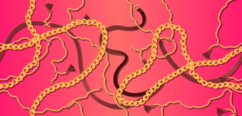 Luxury pattern pattern on delicate pink background of straps and gold chains for fabric design or corporate identity. Seamless vector.