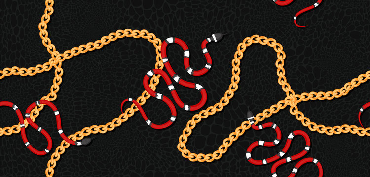 Seamless pattern with snake skin texture with gold chains and coral snakes on dark background. Pattern for fashion or Wallpaper design.