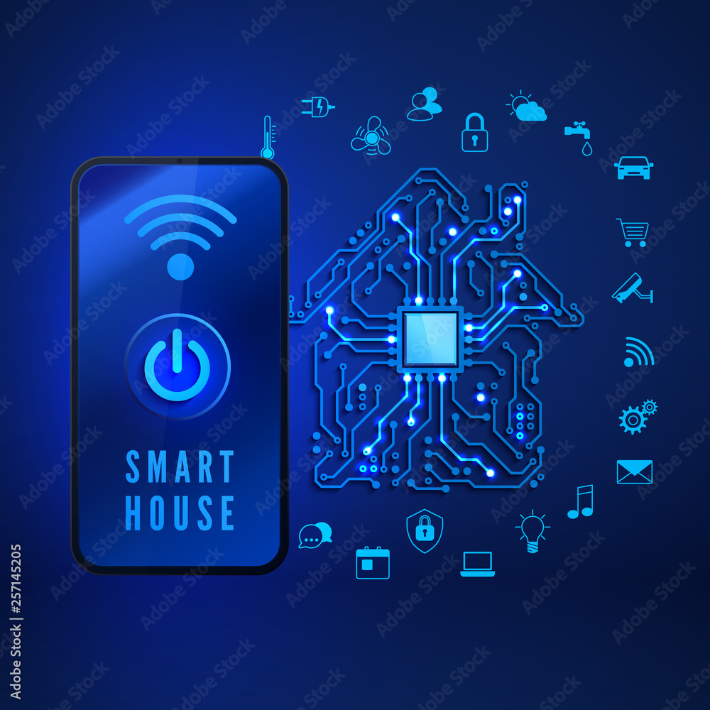 Poster smart home concept. remote monitoring and control smart house from smartphone. house circuit and sma