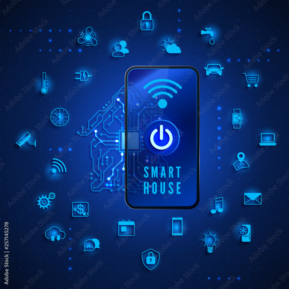 Aufkleber smart home or iot concept. remote monitoring and control smart house from smartphone. house circuit 