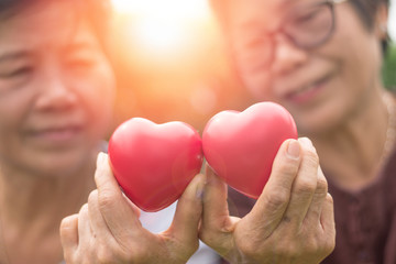 Family caregivers concept. Senior twin or two relatives, friends, or neighbors holding red heart shape for taking care each other in nursing home wellbeing service community. - obrazy, fototapety, plakaty