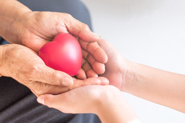 Philanthropy health care concept. Caregiver with senior people hands with heart in palm in hospice center with copyspace. Public Service Recognition Week