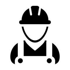 Support worker icon vector male construction service person profile avatar with hardhat helmet and jacket in glyph pictogram illustration