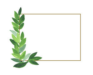 Watercolor floral illustration - leaf wreath / simple frame with brown geometric shape, for wedding stationary, greetings, wallpaper, fashion, background. Eucalyptus, olive, green leaves, etc.
