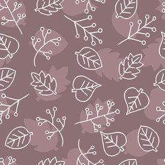 Seamless leaves pattern. Brown background. Vector illustration.