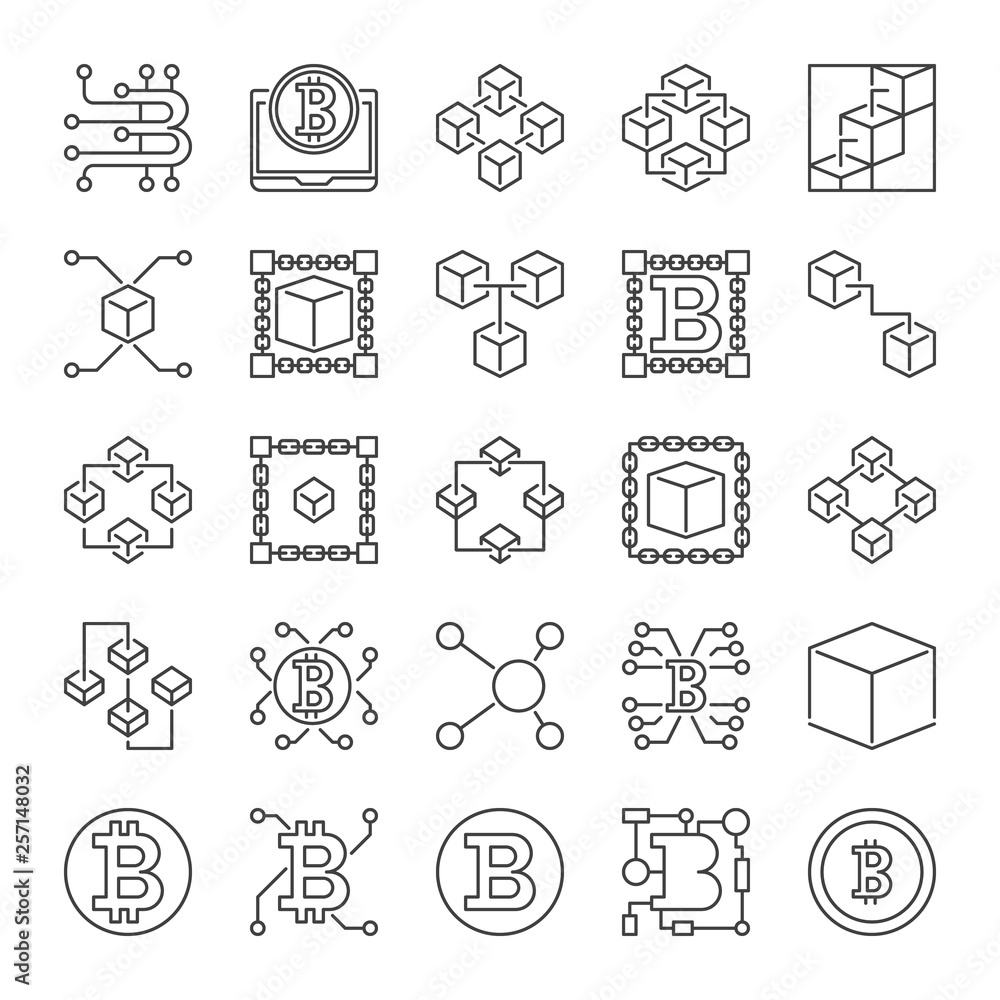Poster vector blockchain icons set in thin line style - block-chain concept outline signs or logo elements