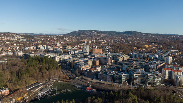 Aerial photo of Skoyen urban area in Oslo seen towards Holmenkollen