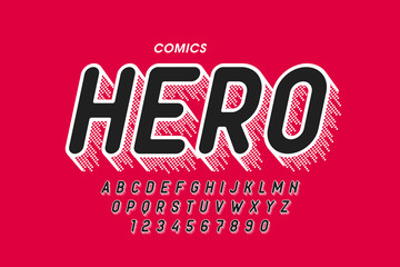 Comics style font design, superhero inspired alphabet, letters and numbers