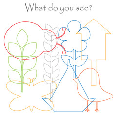 Find hidden objects on the picture, spring garden theme, mishmash contour set, fun education game for kids, preschool activity for children, vector illustration