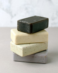 Natural soap stack, zero waste hegiene concept, natural cosmetic closeup, trendy minimalism, stop plastic pollution. reuse, reduce, recycle, refuse