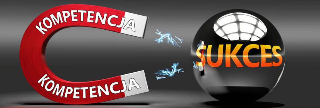 Kompetencja i sukces - Kompetencja prowadzi do sukcesu, przyciaga szczescie i powodzenie - abstrakcyjna idea i symbol przedstawiona jako magnes przyciagajacy metalowa kule, 3d illustration