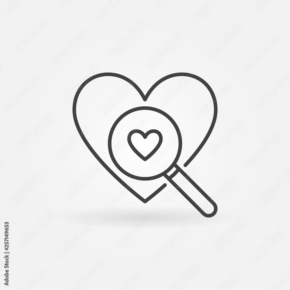 Poster heart with magnifier outline icon. vector searching a love concept sign or design element in thin li