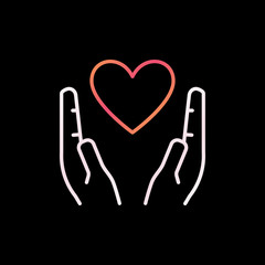 Heart in Hands outline colorful icon. Vector Love concept linear symbol or logo on dark background