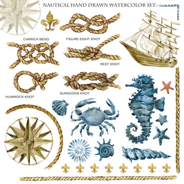 nautical set. rope knots. watercolor sea nature elements. vintage ship. marine collection.