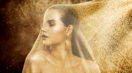 Obraz na płótnie Canvas Fashion Model Gold Veil Beauty, Woman under Golden Cloth Net, Beautiful Girl Artistic Portrait