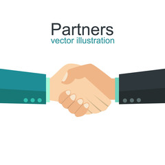 Partners flat vector design illustration, two businessmen shaking hands