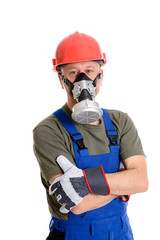 workman with red hard top and protecting mask