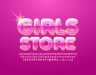Glamour shiny logo Girls Store. Vector Pink and Golden Alphabet Letters, Numbers and Symbols. Luxury shiny Font 