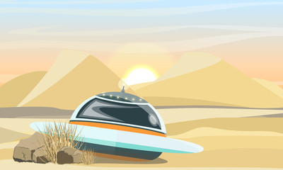 Fototapeta na wymiar Flying saucer landing in the desert. The collapse of the spacecraft on Earth. Space travel. Sahara Desert. The arrival of aliens on Earth. Realistic Vector Landscape