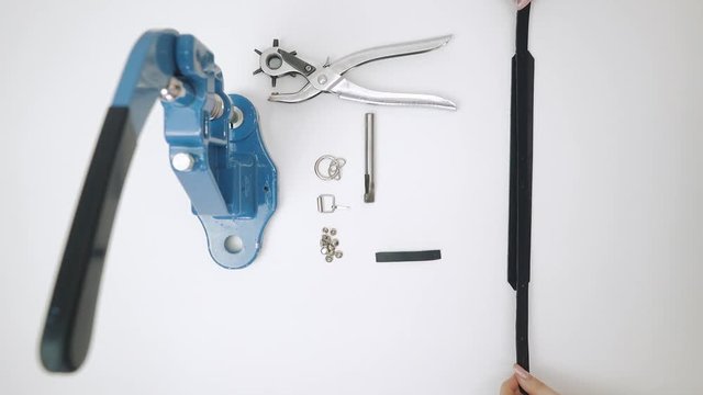 Process of working with leather product. Preparation of product. Isolated.