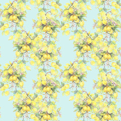 Hand painted watercolor illustration. seamless pattern with lemon tree branch elements. 