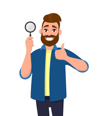 Positive happy young man holding magnifying glass and gesturing thumbs up sign. Deal, good, agree, approve, search, find, discovery, analyze, inspect, investigation concept illustration in cartoon.