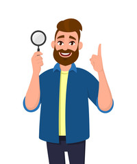 Cheerful bearded young man holding/showing magnifying glass and pointing hand finger up. Search, find, discovery, analyze, inspect, investigation concept illustration in vector cartoon flat style.