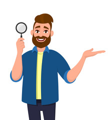 Successful cheerful bearded young man holding magnifying glass and gesturing hand sign to copy space side away to present/introduce something. Search, find, discovery concept illustration in cartoon.