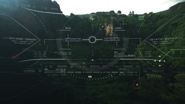 Aerial view from the fighter plane's cockpit flying in the lime stone mountain canyon with head up display acquire targets and enemies location hidden in the dense mountain forest