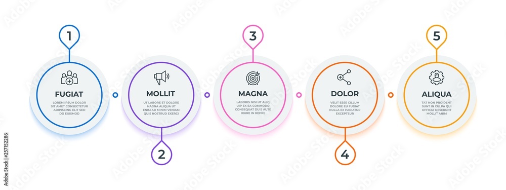 Poster line flow infographic. 5 steps circle workflow diagram, milestone business presentation template. ve