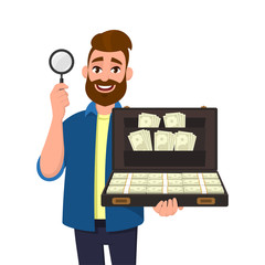 Young bearded man showing/holding magnifying glass and brief case full of money/cash/currency bank notes. Search, find, discovery, analyze, inspect, investigation concept illustration in cartoon.