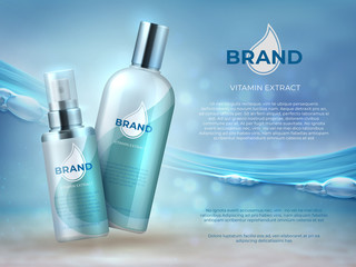 Cosmetic product background. Blue water beauty skin care fresh moisture cream bottle face mask. Vector cosmetic promotion template