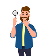 Smiling young man holding/showing magnifying glass and covering hand on mouth. Search, find, discovery, analyze, inspect, investigation, human emotion concept illustration in vector cartoon flat