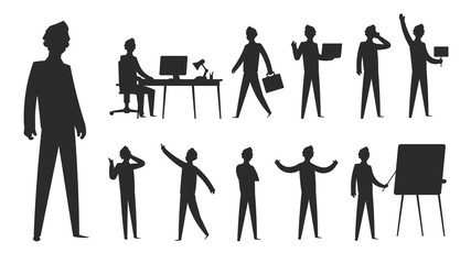 Business people silhouette. Businessman stand professional man figure office group team woman figure. Vector contour team silhouettes set