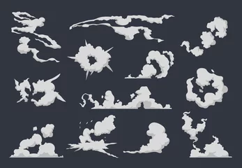 Foto op Plexiglas Cartoon rook wolk. Komische stofexplosie stoom sprite beweging spel snelheid run flat bom ontploffing. Vector mist bladerdeeg set © SpicyTruffel